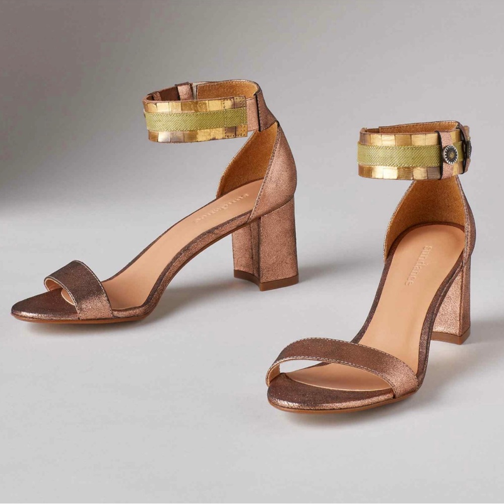 “Twilight Zephyr” rose gold leather sandals. New in box from Sundance.